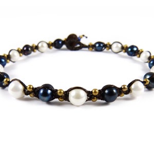 Anklet with real white and blue Pearls - Thailand Macrame Tribal Surfer Jewelry