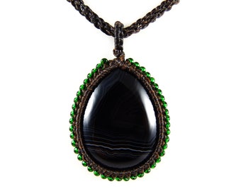 Black Agate Pendant Necklace Macrame Thailand Boho Tribal Gypsy Surfer Custom Size