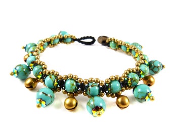 Turquoise Bracelet clochettes en macramé Boho Gypsy Hippie Tribal personnalisé Plus la taille de perles
