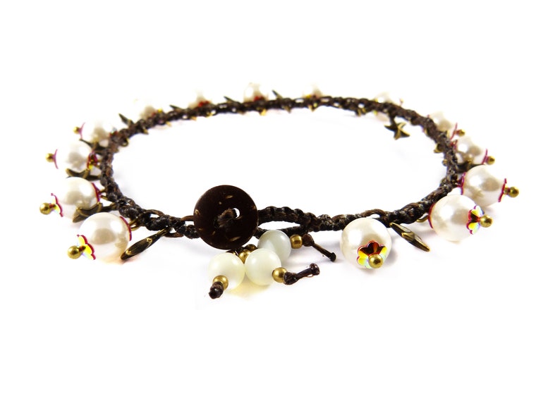 Anklet Real Pearls Stars Macrame Thailand Boho Tribal Surfer Custom Size