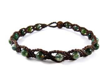 Ornamental Anklet with Moss Agate Beads - Thailand Macrame Tribal Surfer Style