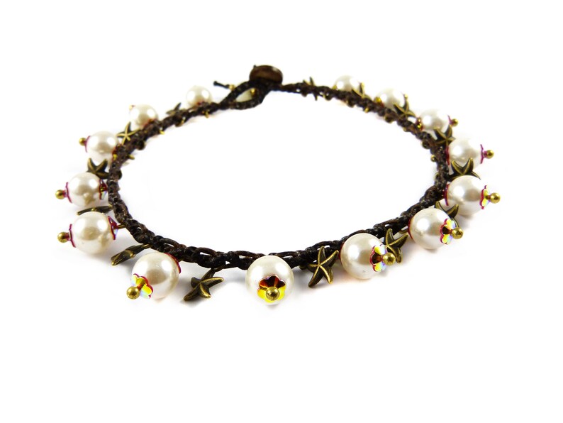 Anklet Real Pearls Stars Macrame Thailand Boho Tribal Surfer Custom Size