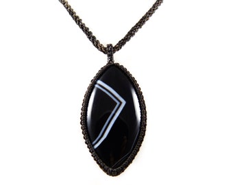 Necklace Thai Agate Black Macrame Tribal Surfer Men Boho Unisex Pendant