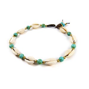 Anklet with Cowrie Shells and Turquoise - Thailand Macrame Boho Tribal Surfer Custom Size