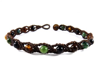 Ornamental Anklet with Tiger's Eye and Moss Agate Beads - Thailand Macrame Tribal Surfer Style