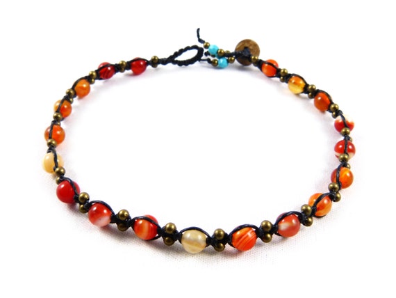 Handgeflochtenes Fußkettchen Mit Echten Perlen - Makramee Tribal Design