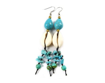 Earrings with Cowrie Shells and Turquoise Beads and Chips - Thailand Tribal Surfer Ear Dangles