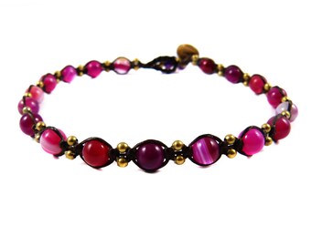 Anklet with Pink Agate beads - Thailand Tribal Surfer Macrame Style