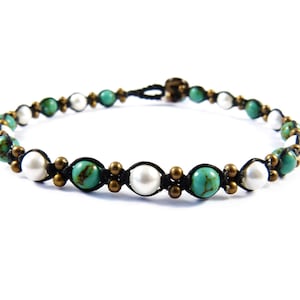 Anklet with real Pearls and Turquoise beads - Thailand Macrame Tribal Surfer Style
