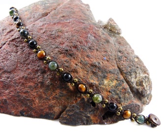 Mens Anklet with Tigers Eye and Moss Agate Beads - Thailand Macrame Unisex Tribal Surfer Style