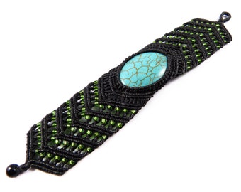 Macramé turquoise Bracelet noir Thaïlande Boho Tribal surfeur vert perles sur mesure grande taille