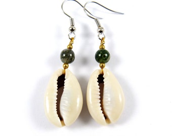 Cowrie Shell Earrings with Moss Agate Beads  - Thailand Tribal Surfer Boho Cowry Ear Dangles