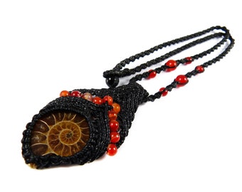 Ammonite Pendant Necklace Macrame Fire Agate Thailand Boho Tribal Gypsy Surfer Black Custom Taille