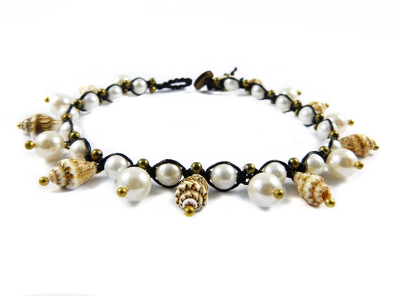 Anklet Real Pearls Stars Macrame Thailand Boho Tribal Surfer Custom Size
