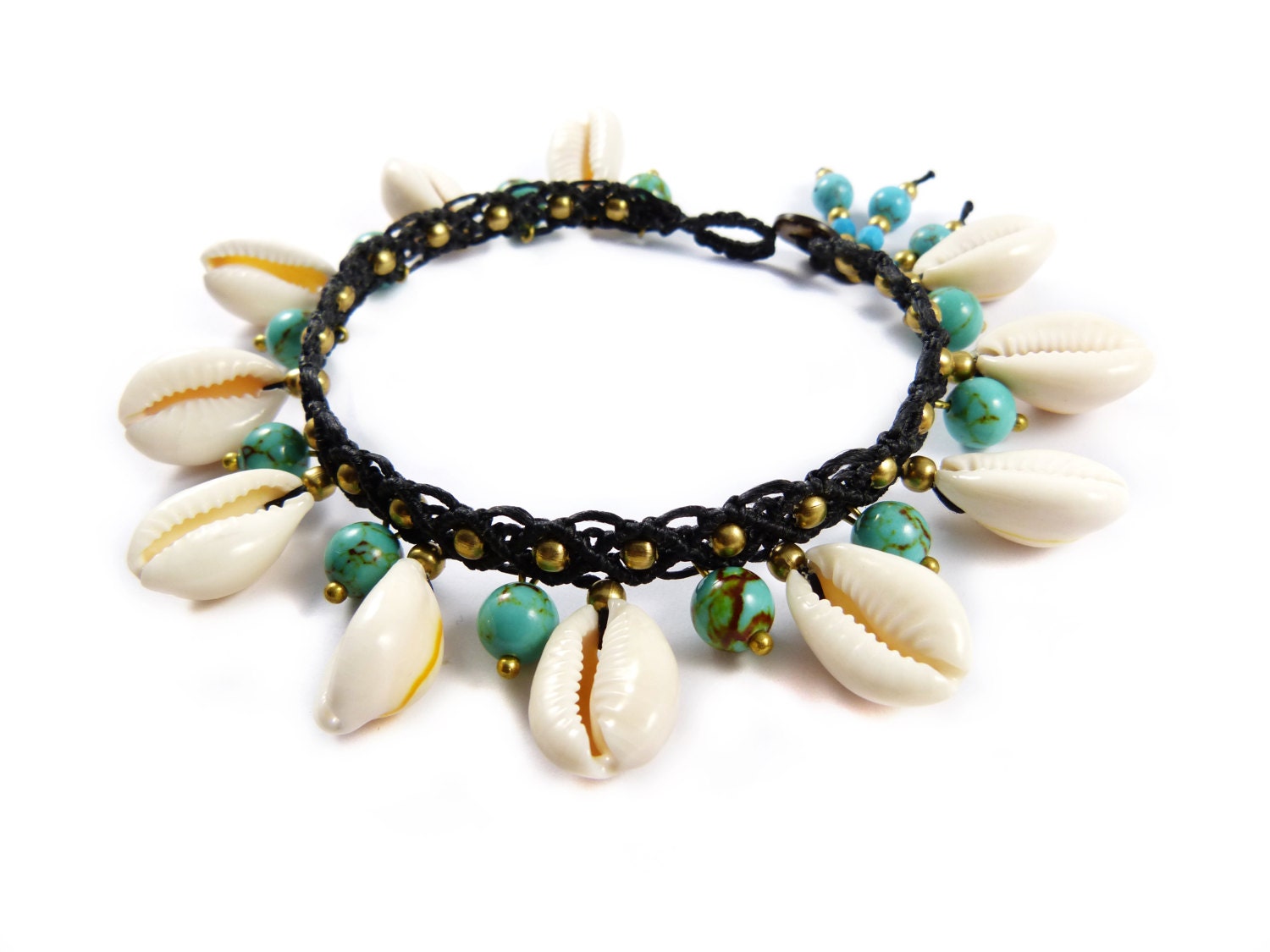 Makramee Fußkettchen Mit Kauri Muscheln - Boho Surf Style Aus Thailand