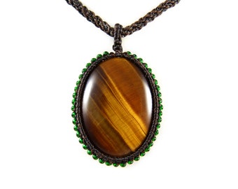 Tigers Eye Pendant Necklace Macrame Thailand Boho Tribal Gypsy Surfer Custom Size