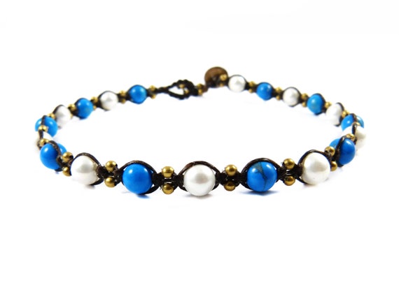 Anklet Real Pearls Stars Macrame Thailand Boho Tribal Surfer Custom Size
