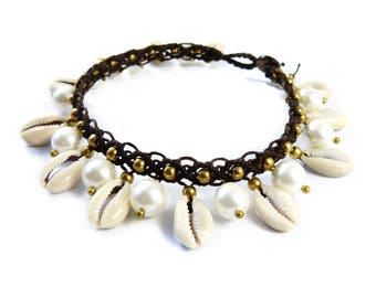 Cowrie Shells Anklet Real Pearls Macrame Thailand White Tribal Surfer Boho Gypsy Cowry