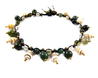 Anklet Moss Agate Beach Shells Macrame Thailand Boho Surfer Tribal Green Custom Size Natural Body Jewelry