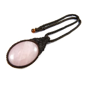 Rose Quartz Pendant Macrame Necklace Thailand Boho Tribal Brown Custom Size