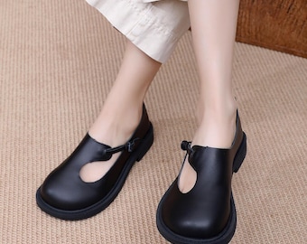 Ręcznie robione damskie czarne skórzane buty, buty z szerokimi noskami, płaskie buty, skórzane buty retro, buty dziewczęce, wygodne buty