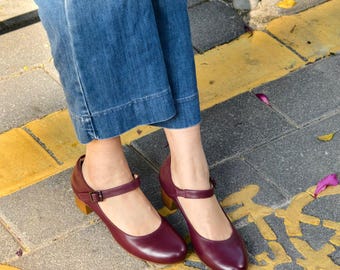 Handmade & Quality Women's Mary Jane Shoes, Genuine Leather Burgundy Shoes with 3.5cm Heel, Women's Leather Pumps, Very comfortable Style