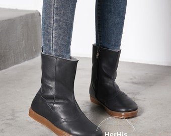 Handmade Women's Winter Leather Boots, Winter Warm Shoes,Oxford Black Women Flat Shoes, Short Boots,Brown Leather Boots