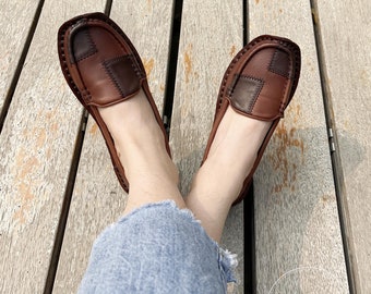 Zapatos de cuero cómodos para mujer hechos a mano, sin cordones, zapatos Oxford retro, zapatos de suela blanda, zapatos de estilo personal