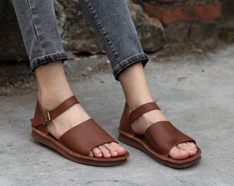 Sandalias planas para mujer hechas a mano, sandalias de cuero, zapatos de cuero, zapatos planos retro, sandalias de zapatos de verano, zapatos de mujer