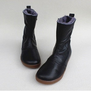 Handmade Women's Winter Leather Boots, Winter Warm Shoes,Oxford Black Women Flat Shoes, Short Boots,Brown Leather Boots