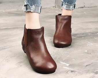 Handmade Women Leather Shoes,Ankle Boots,Oxford Women Shoes, Flat Shoes,Retro Leather Shoes,Casual Shoes, Autumn Short Boots,Winter Booties