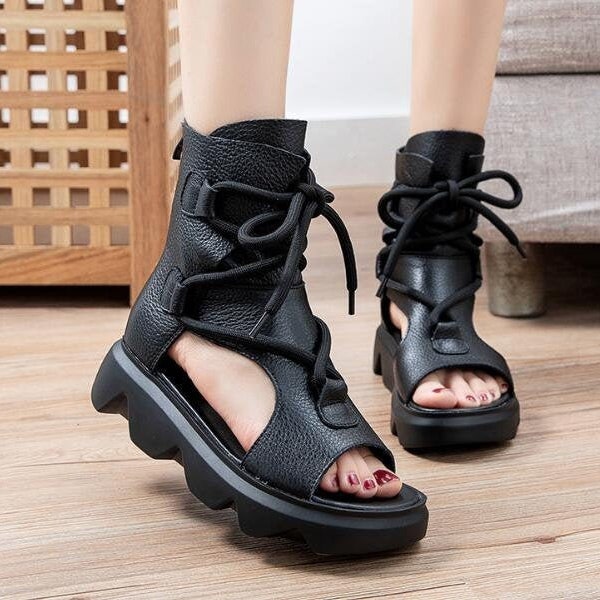 Women Platform Sandals, Black Leather Sandals Booties,Oxford Retro Women platform Shoes
