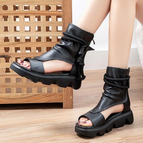 Sandales haut-plate-forme faites à la main, bottes de sandales en cuir noir, chaussures plates-formes Oxford Retro Women