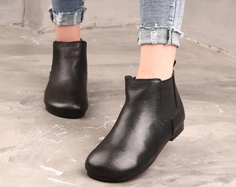 Handmade Women Black Leather Shoes,Ankle Boots,Oxford Women Shoes,Flat Shoes,Casual Shoes, Autumn Short Boots,Winter Booties