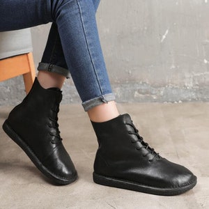 Comfortable Black Boots,Ankle Boots, Soft Oxford Women Shoes, Black Flat Shoes, Retro Leather Shoes, Casual Shoes, Short Boots,Booties