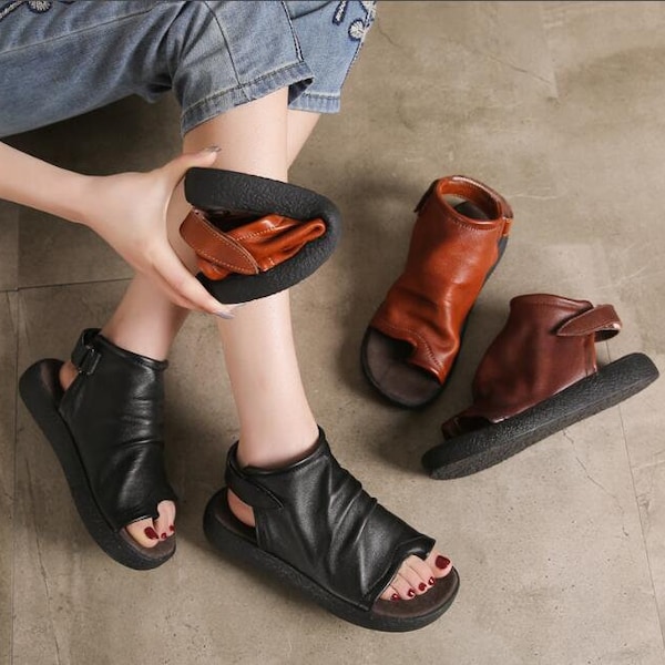Handmade Women Leather Sandals,Oxford Retro Women platform,High Platform Flip Flops & Thongs