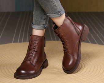 Bottes en cuir pour femmes faites à la main, chaussures Oxford pour femmes, chaussures décontractées, bottes courtes, bottines, bottines noires, bottes brunes, bottes d’hiver