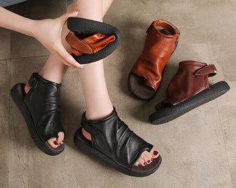 Handgemachte Damen Leder Sandalen,Oxford Retro Frauen Plattform,High Platform Flip Flops & Thongs