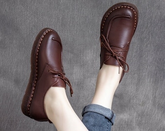 Handgemachte Lederschuhe für Frauen, Oxford Retro Schuhe, weiche Sohlenschuhe, persönliche Stil flache einfache Krawattenschuhe