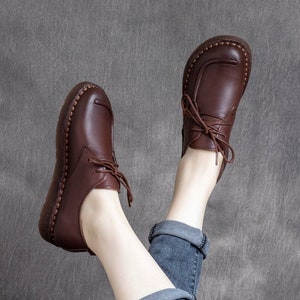 Handmade Leather Shoes for Women,Oxford Retro Shoes,Soft Sole Shoes,Personal Style Flat Simple Tie Shoes Brown