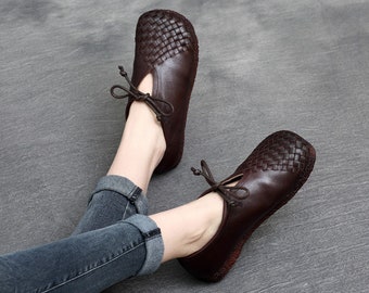 Hot!Handmade Leather Shoes for Women,Oxford Retro Shoes,Soft Sole Shoes,Personal Style Flat Simple Tie Shoes