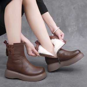 Handmade Winter Leather Shoes for Women,Warm Platform Ankle Boots,Oxford Women Shoes,Thick Sole Short Boots,Booties