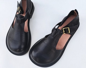 Handmade Women Leather Shoes,Wide toe Shoes, Flat Shoes, Retro Leather Shoes, T-Strap Shoes,Girls' Shoes