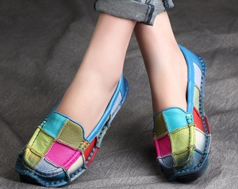 Hot!Colorful Handmade Leather Shoes for Women,Oxford Retro Shoes,Soft Sole Shoes,Personal Style Flat Shoes,Slip-ons