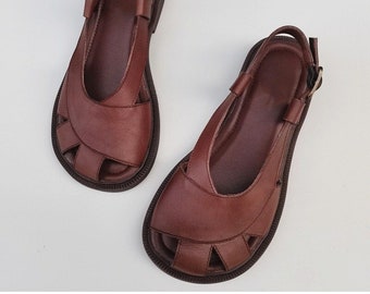 Sandalias de cuero con punta ancha hechas a mano, zapatos planos de cuero para mujer, zapatos Oxford anchos de verano para mujer