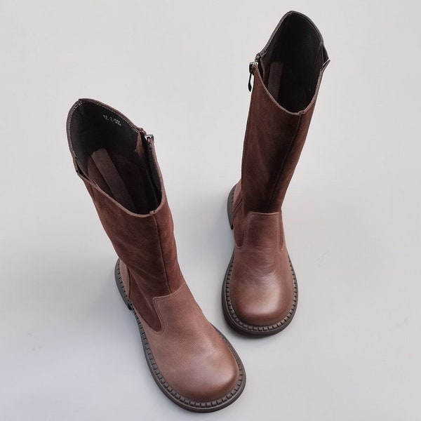 Bottes en cuir d'hiver faites à la main pour femmes, bottes mi-hautes à talon carré, bottes en cuir pour femmes, bottes hautes au genou d'hiver de qualité