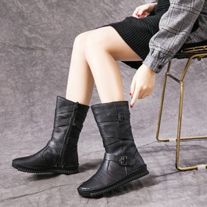 Botas de cuero de invierno hechas a mano para mujeres, botas planas medias altas, botas cortas, botas negras, botas marrones, botas de mujer