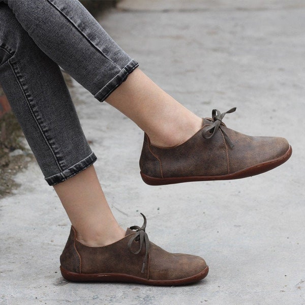 New Handmade Women Flat Leather Shoes,Comfortable Oxford Tie Shoes, Soft Leather Shoes, Casual Shoes,Working Shoes