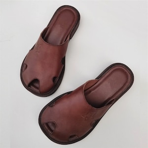 Handmade Women's Leather Slippers, Wide Toe Leather Sandal, Simple Flat Shoes, Oxford Shoes