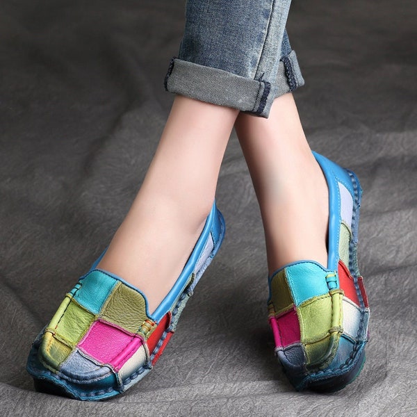 Hot!Colorful Handmade Leather Shoes for Women,Oxford Retro Shoes,Soft Sole Shoes,Personal Style Flat Shoes,Slip-ons
